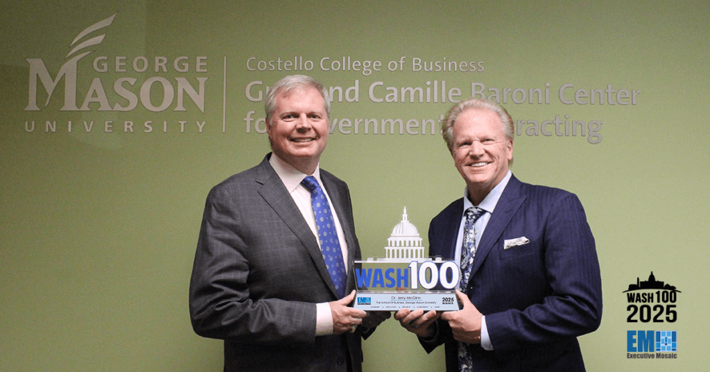 GMU’s Jerry McGinn Accepts 2025 Wash100 Award from Executive Mosaic CEO Jim Garrettson 1 unnamed file 137